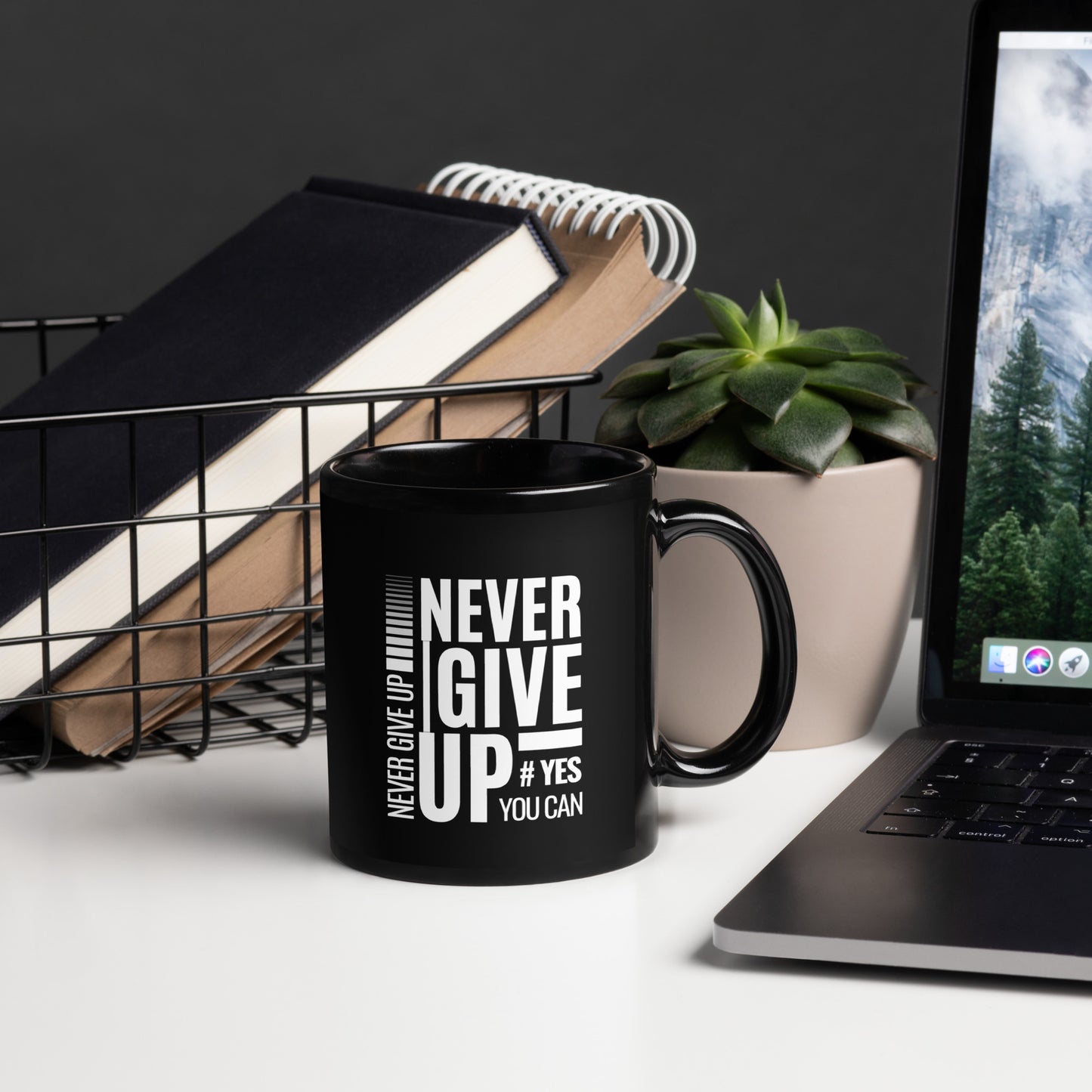 Never Give Up Black Glossy Mug